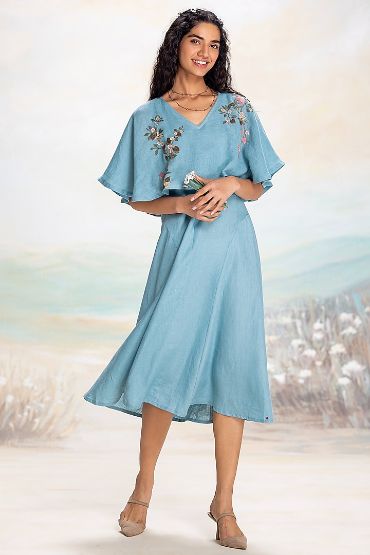 Lake Colored Linen Thread Embroidered Cape Vacation Dress by Kaveri at Pernia's Pop Up Shop