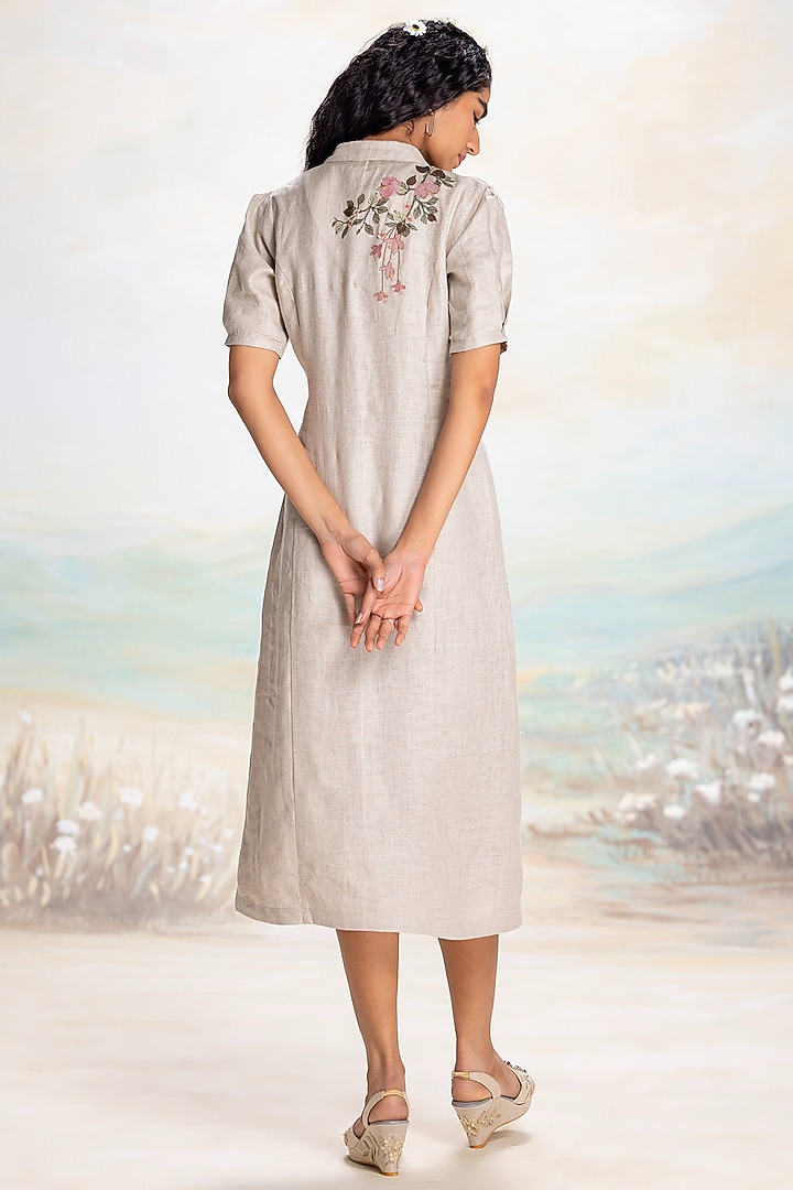 Natural Beige Linen Thread Embroidered Wrap Vacation Dress by Kaveri at Pernia's Pop Up Shop