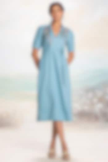Lake-Colored Linen Thread Embroidered Wrap Vacation Dress by Kaveri at Pernia's Pop Up Shop