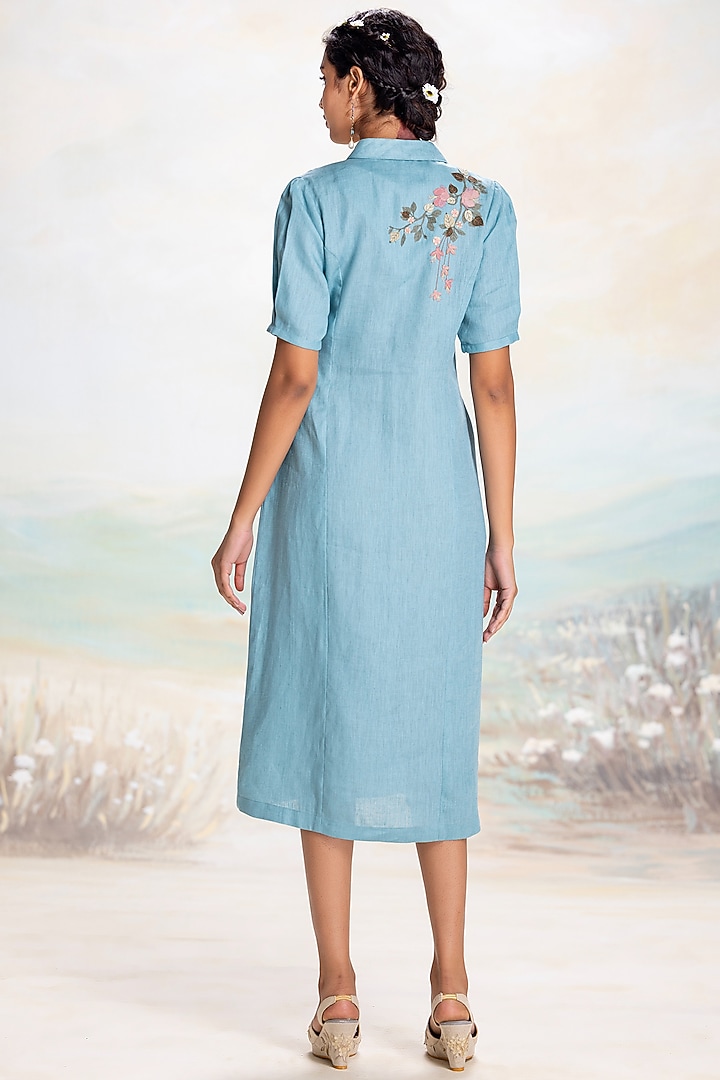 Lake-Colored Linen Thread Embroidered Wrap Vacation Dress by Kaveri at Pernia's Pop Up Shop