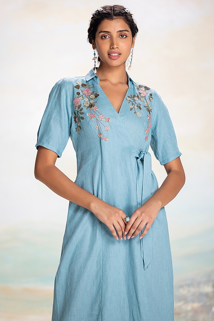 Lake-Colored Linen Thread Embroidered Wrap Vacation Dress by Kaveri at Pernia's Pop Up Shop