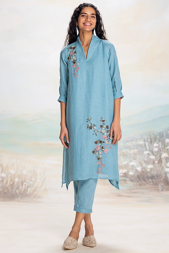 Lake-Colored Linen Thread Embroidered Tunic Set by Kaveri at Pernia's Pop Up Shop