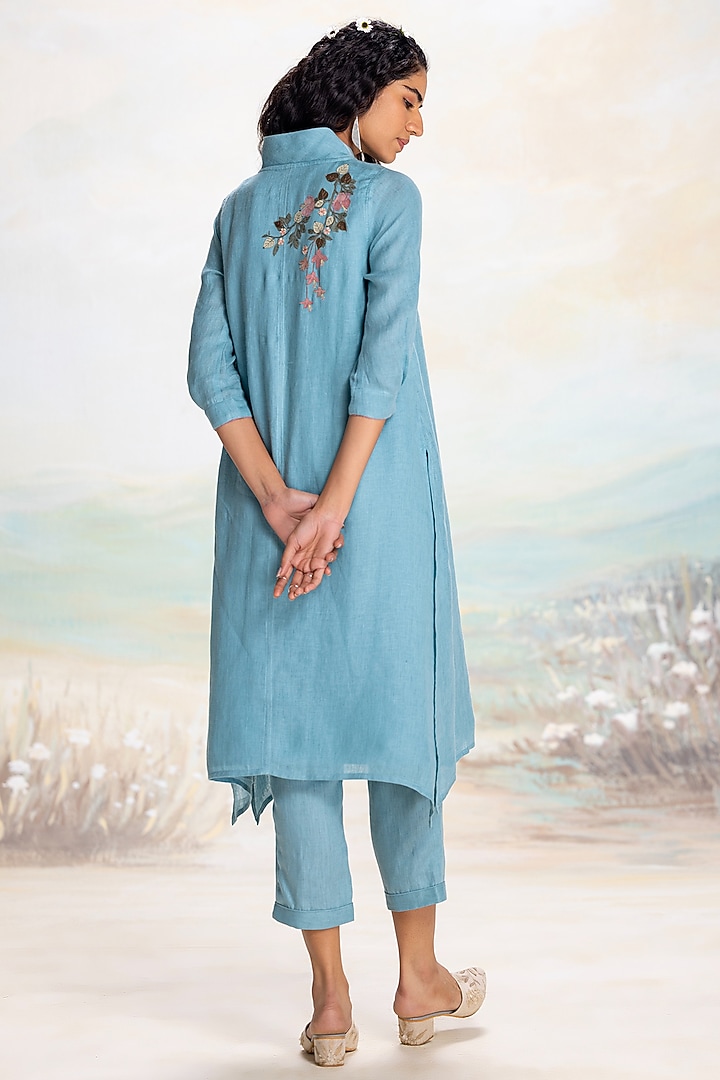 Lake-Colored Linen Thread Embroidered Tunic Set by Kaveri at Pernia's Pop Up Shop
