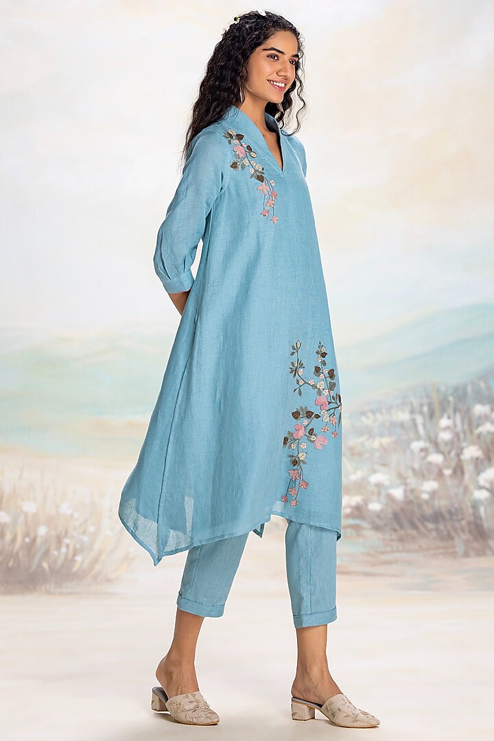 Lake-Colored Linen Thread Embroidered Tunic Set by Kaveri at Pernia's Pop Up Shop