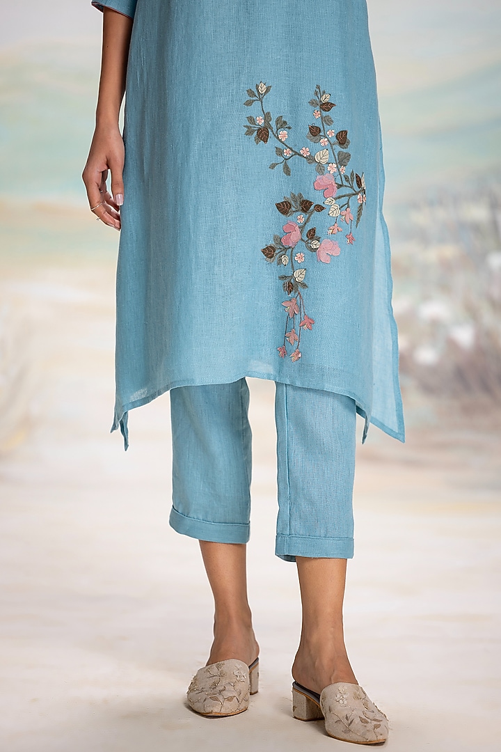 Lake-Colored Linen Thread Embroidered Tunic Set by Kaveri at Pernia's Pop Up Shop