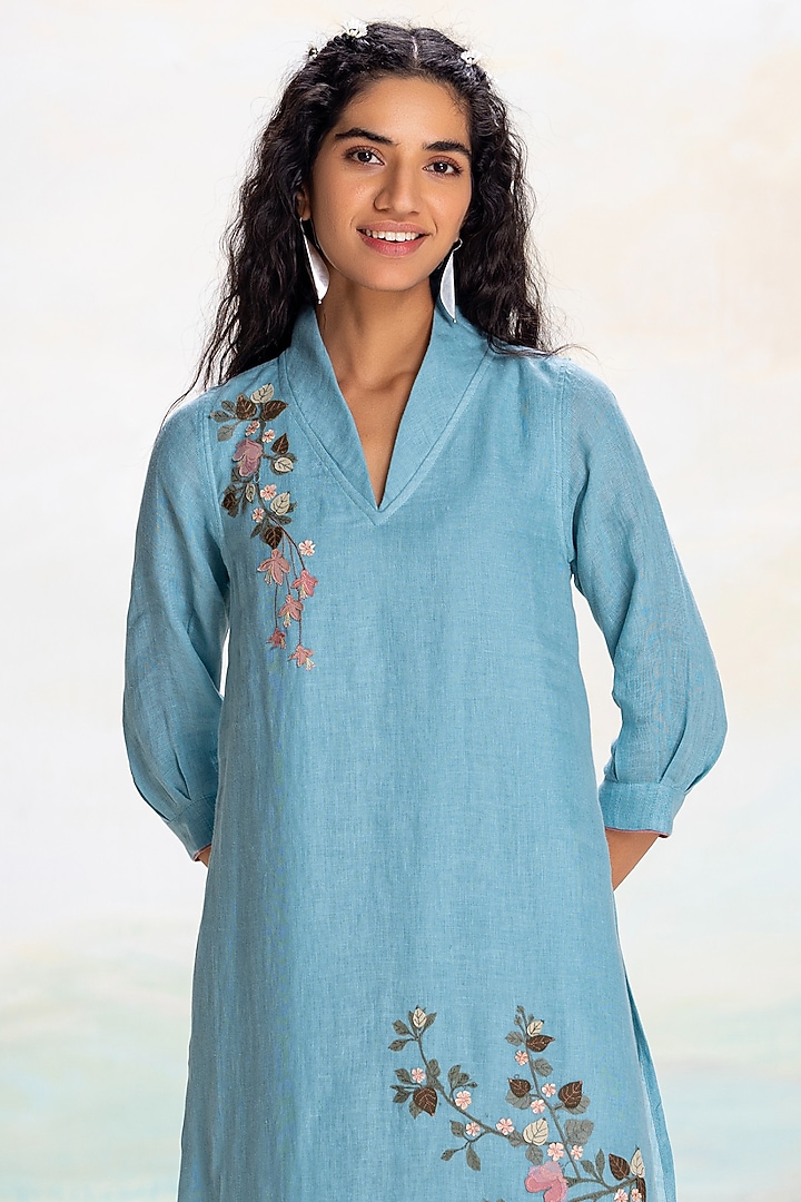 Lake-Colored Linen Thread Embroidered Tunic Set by Kaveri at Pernia's Pop Up Shop