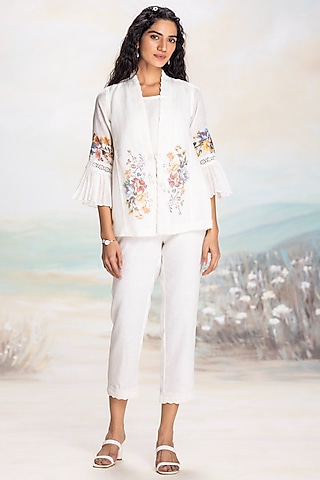 White Linen Hand-Screen Printed Co-Ord Set by Kaveri