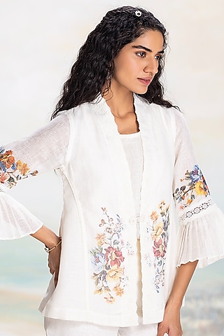 White Linen Hand-Screen Printed Short Jacket by Kaveri