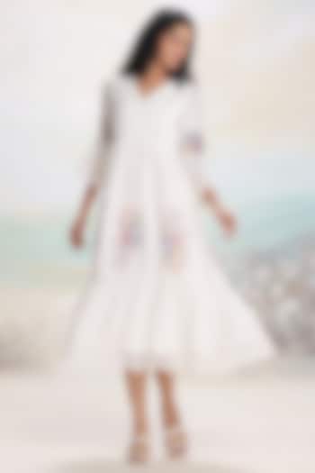 Ivory Linen Floral Screen Printed Vacation Dress by Kaveri at Pernia's Pop Up Shop