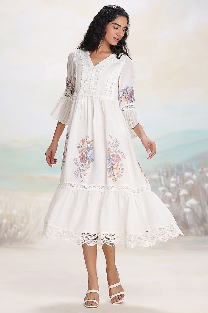 Ivory Linen Floral Screen Printed Vacation Dress by Kaveri at Pernia's Pop Up Shop