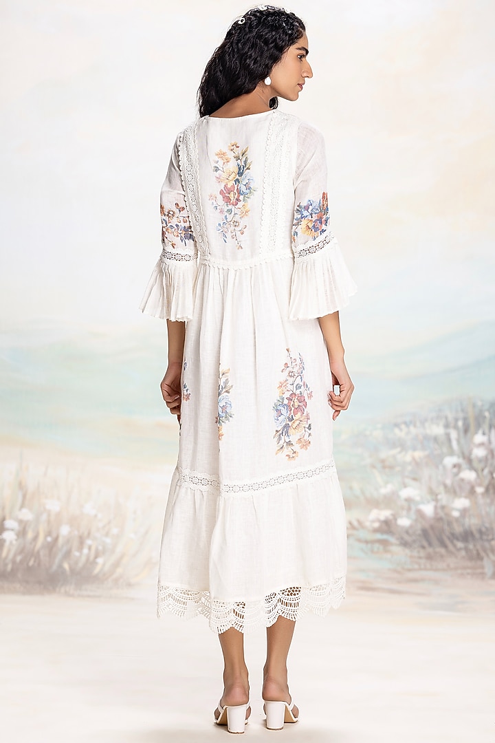 Ivory Linen Floral Screen Printed Vacation Dress by Kaveri at Pernia's Pop Up Shop