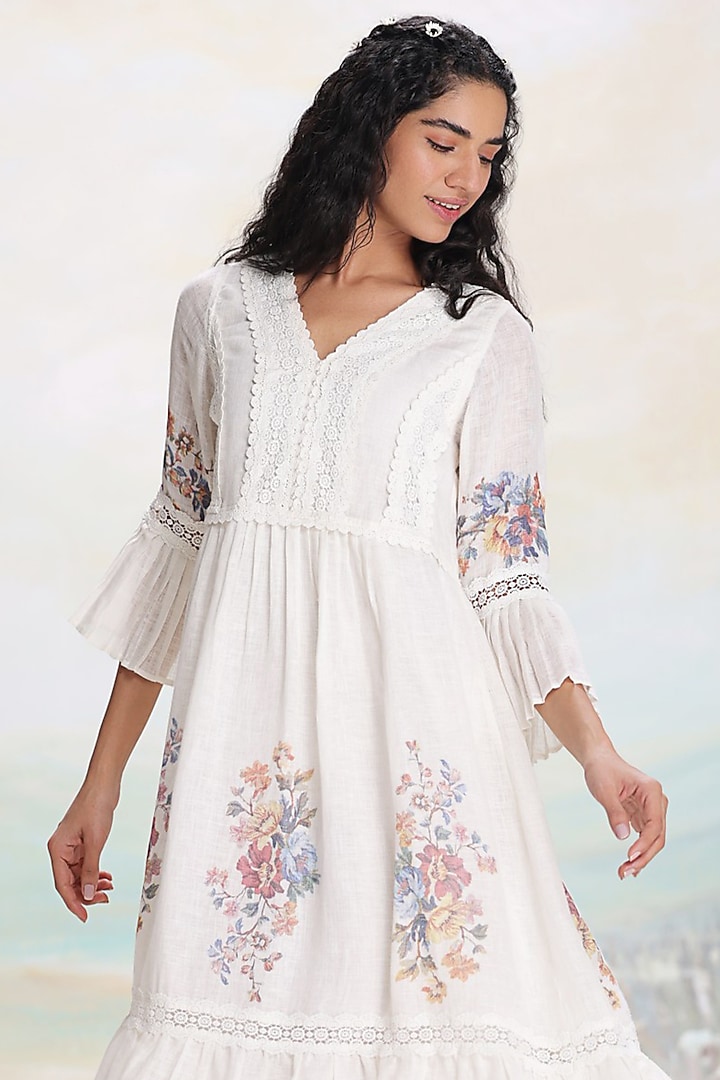 Ivory Linen Floral Screen Printed Vacation Dress by Kaveri at Pernia's Pop Up Shop