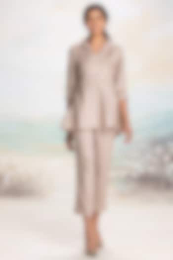 Cement Grey Linen Floral Embroidered Co-Ord Set by Kaveri at Pernia's Pop Up Shop