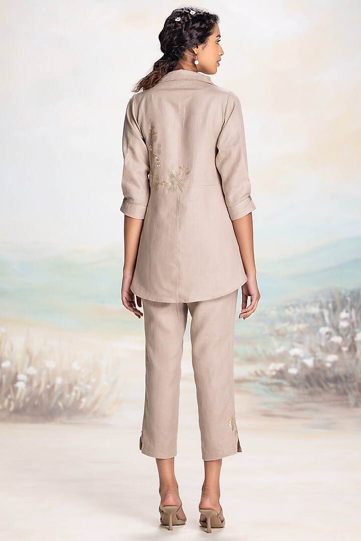 Cement Grey Linen Floral Embroidered Co-Ord Set by Kaveri at Pernia's Pop Up Shop