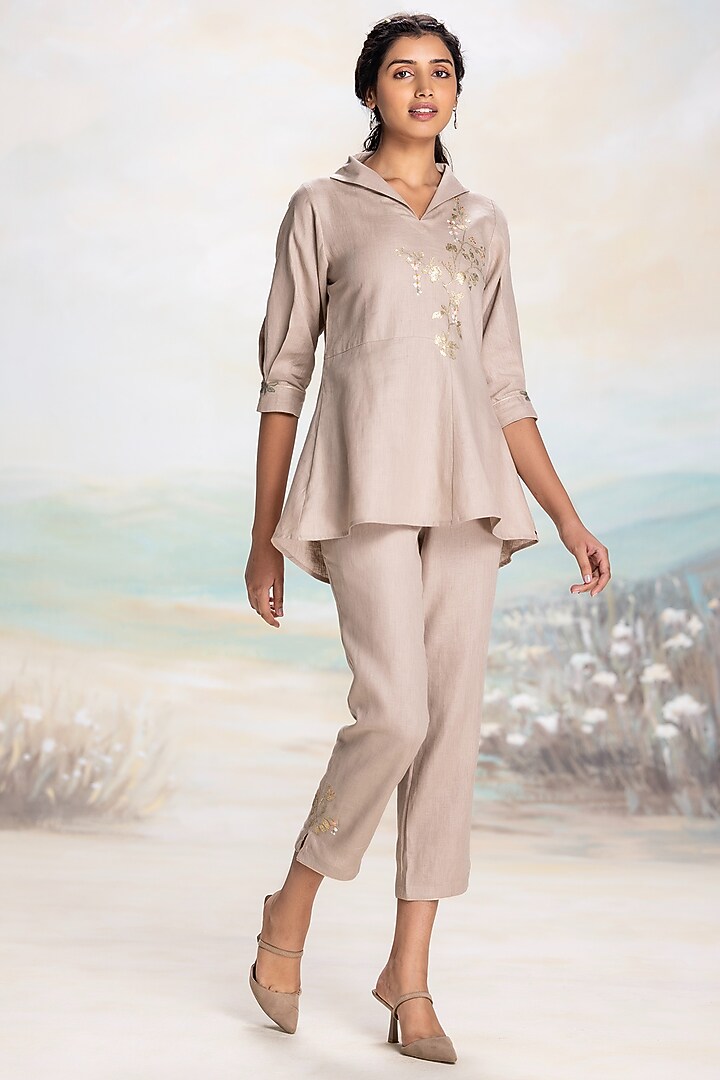 Cement Grey Linen Floral Embroidered Co-Ord Set by Kaveri at Pernia's Pop Up Shop