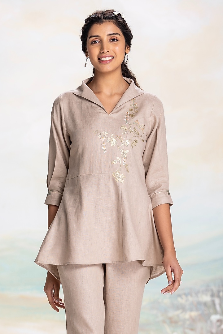 Cement Grey Linen Embroidered Top by Kaveri at Pernia's Pop Up Shop