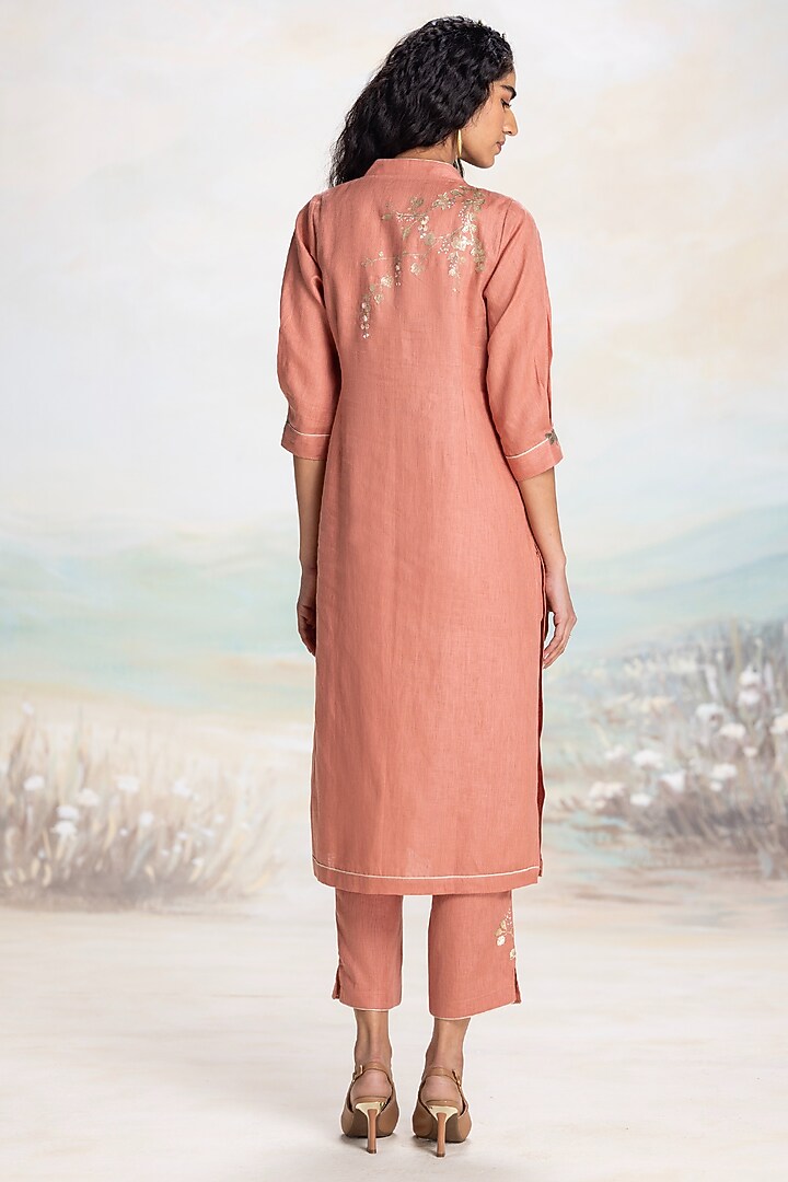 Peach Linen Embroidered Kurta Set by Kaveri at Pernia's Pop Up Shop