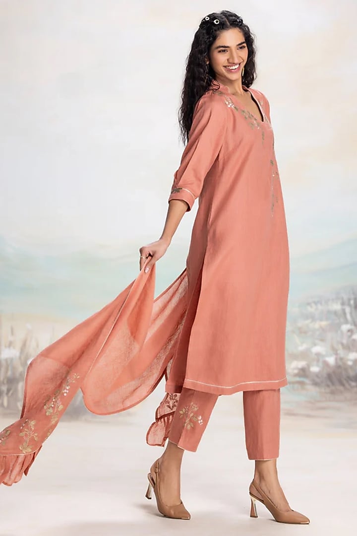 Peach Linen Embroidered Kurta Set by Kaveri at Pernia's Pop Up Shop