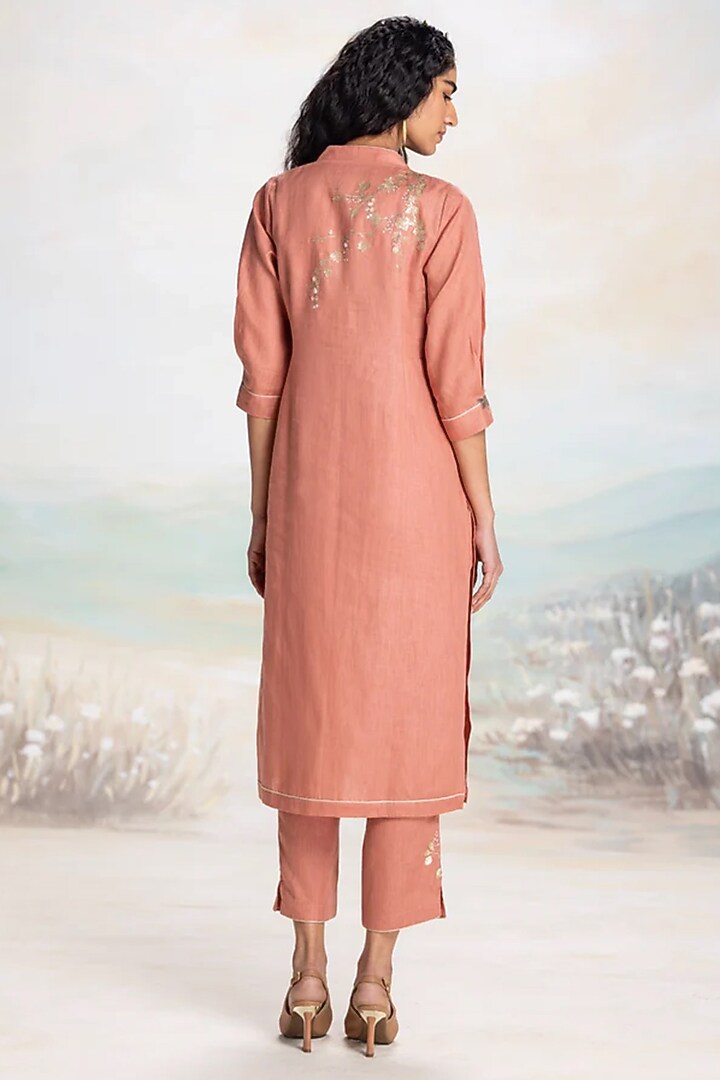 Peach Linen Embroidered Kurta Set by Kaveri at Pernia's Pop Up Shop