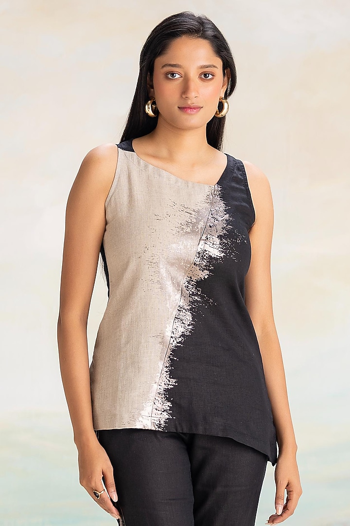 Natural & Black Linen Hand Screen Printed Co-Ord Set by Kaveri at Pernia's Pop Up Shop