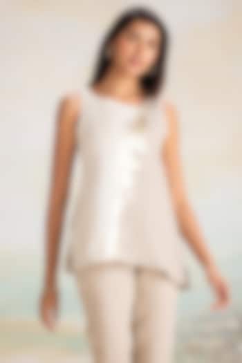 Natural & Off-White Linen Hand Screen Printed Asymmetrical Top by Kaveri at Pernia's Pop Up Shop