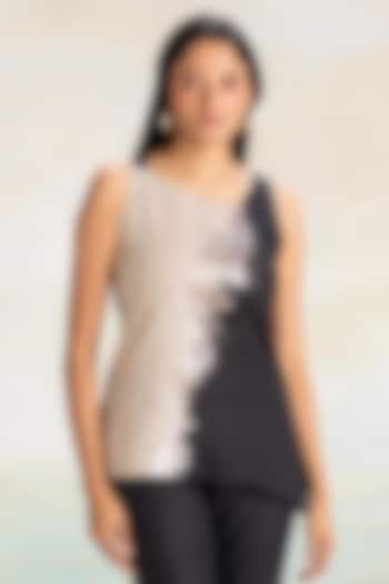 Natural & Black Linen Hand Screen Printed Asymmetrical Top by Kaveri at Pernia's Pop Up Shop