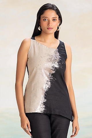 Natural & Black Linen Hand Screen Printed Asymmetrical Top by Kaveri