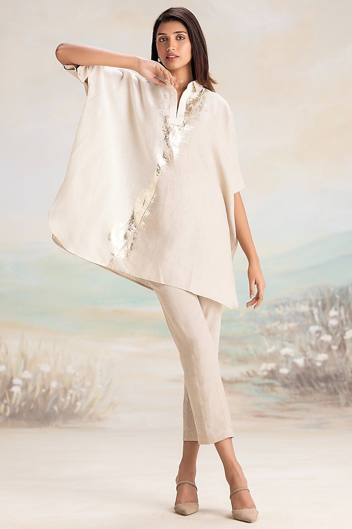 Natural & Off-White Linen Hand Screen Printed Co-Ord Set by Kaveri at Pernia's Pop Up Shop