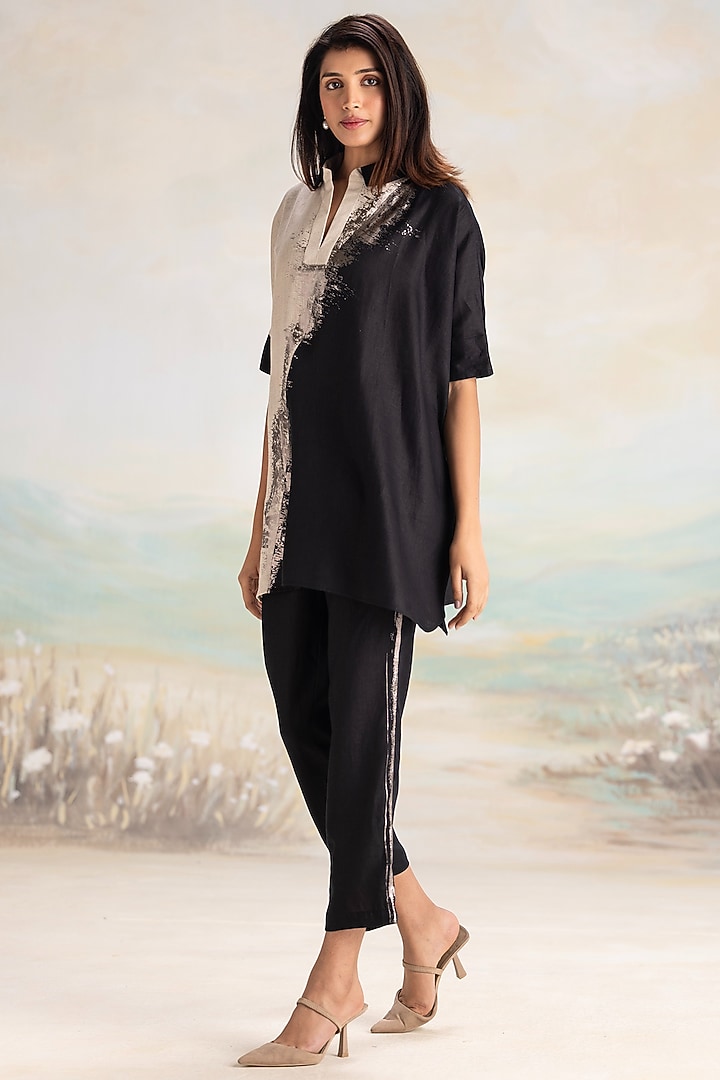 Natural & Black Linen Hand Screen Printed Co-Ord Set by Kaveri at Pernia's Pop Up Shop