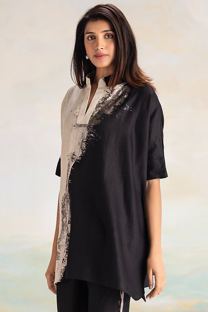 Natural & Black Linen Hand Screen Printed Co-Ord Set by Kaveri at Pernia's Pop Up Shop