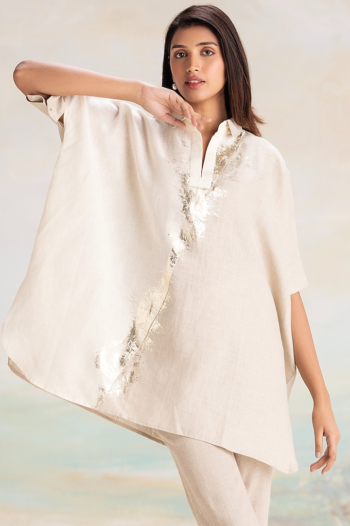 Natural & Off-White Linen Hand Screen Printed Asymmetrical Square Top by Kaveri at Pernia's Pop Up Shop
