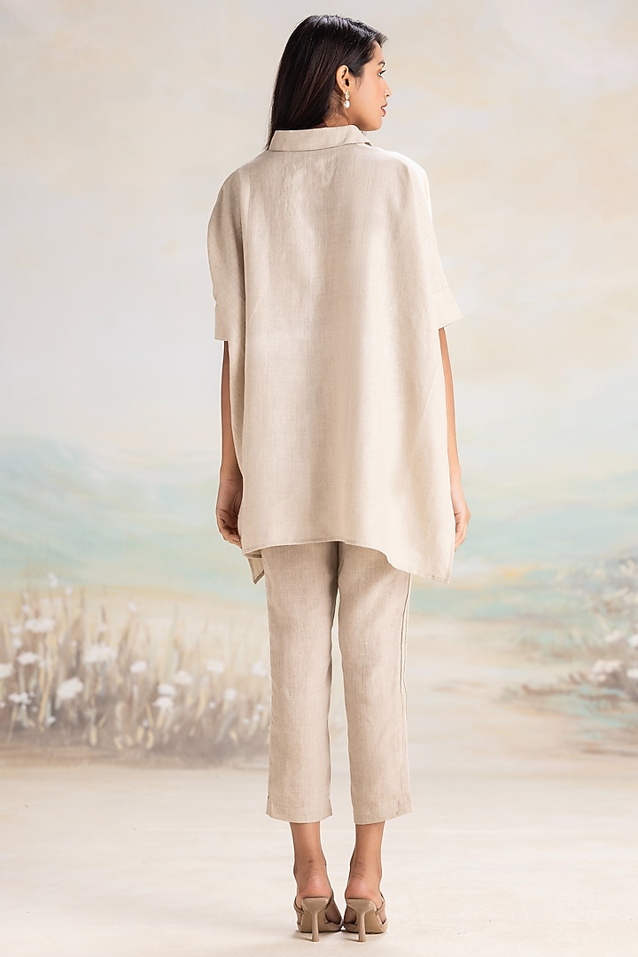 Natural & Off-White Linen Hand Screen Printed Asymmetrical Square Top by Kaveri at Pernia's Pop Up Shop