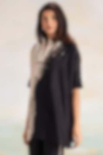 Natural & Black Linen Hand Screen Printed Asymmetrical Square Top by Kaveri at Pernia's Pop Up Shop