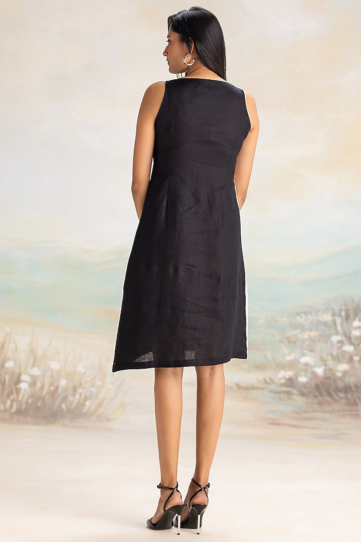 Natural & Black Linen Hand Screen Printed Asymmetrical Summer Dress by Kaveri at Pernia's Pop Up Shop