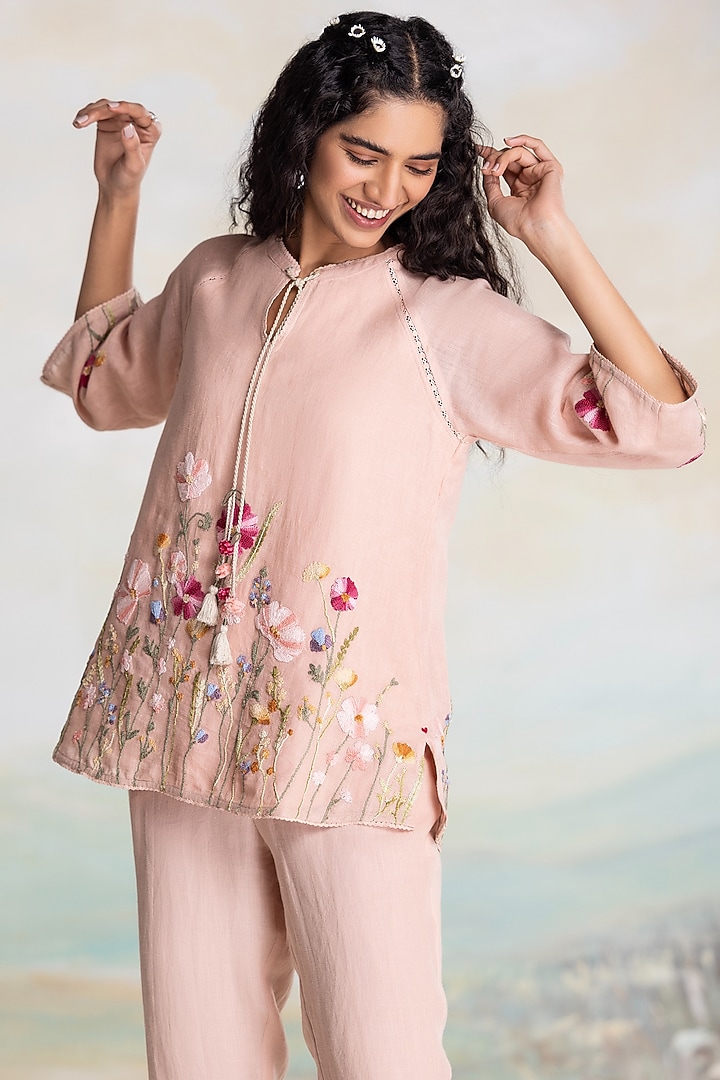 Dusty Rose Linen Thread Embroidered Co-Ord Set by Kaveri at Pernia's Pop Up Shop