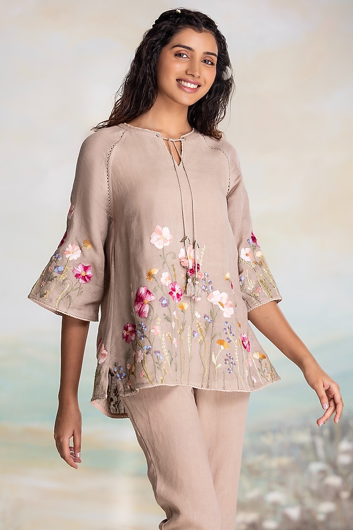 Cement Grey Linen Thread Embroidered Co-Ord Set by Kaveri at Pernia's Pop Up Shop