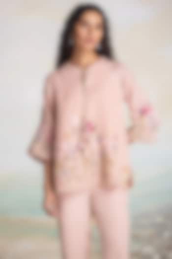 Dusty Rose Linen Thread Hand Embroidered Top by Kaveri at Pernia's Pop Up Shop