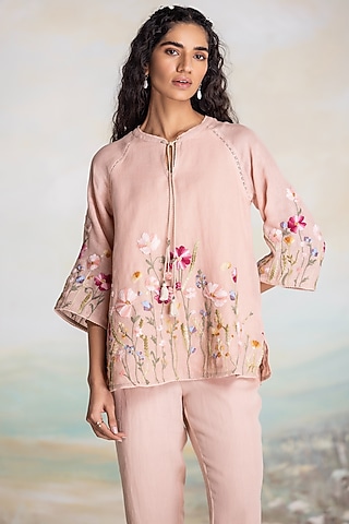 Dusty Rose Linen Thread Hand Embroidered Top by Kaveri