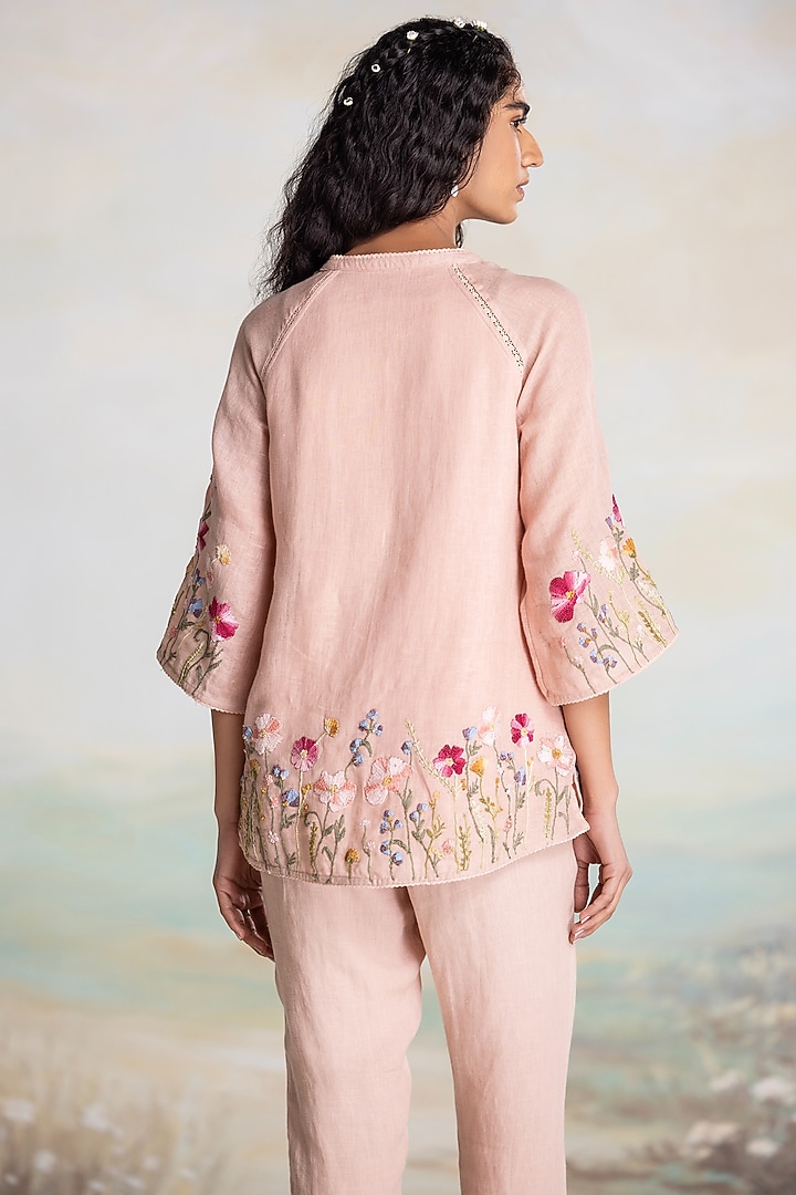 Dusty Rose Linen Thread Hand Embroidered Top by Kaveri at Pernia's Pop Up Shop
