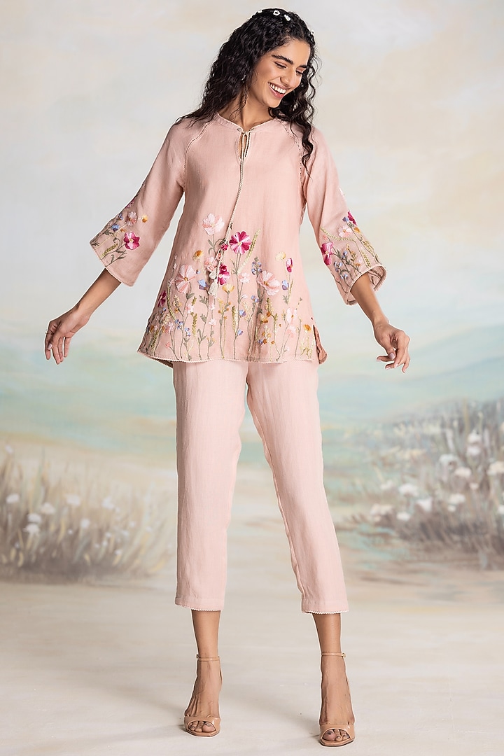 Dusty Rose Linen Thread Hand Embroidered Top by Kaveri at Pernia's Pop Up Shop