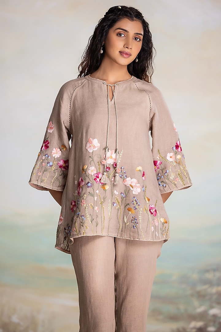 Cement Grey Linen Thread Embroidered Top by Kaveri at Pernia's Pop Up Shop