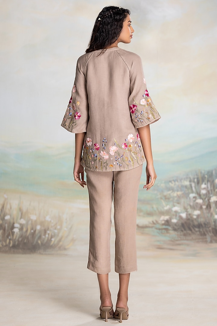 Cement Grey Linen Thread Embroidered Top by Kaveri at Pernia's Pop Up Shop
