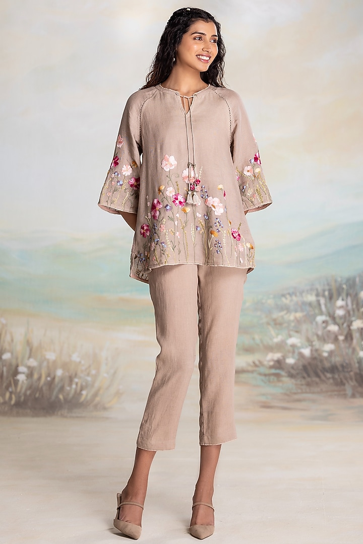 Cement Grey Linen Thread Embroidered Top by Kaveri at Pernia's Pop Up Shop