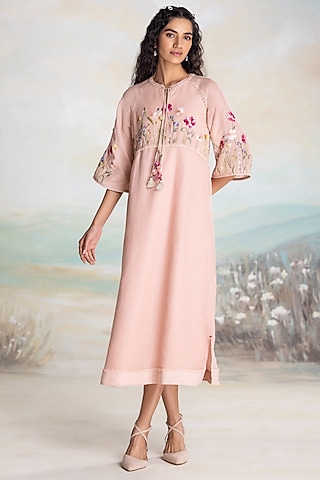 Dusty Rose Linen Thread Embroidered Dress by Kaveri