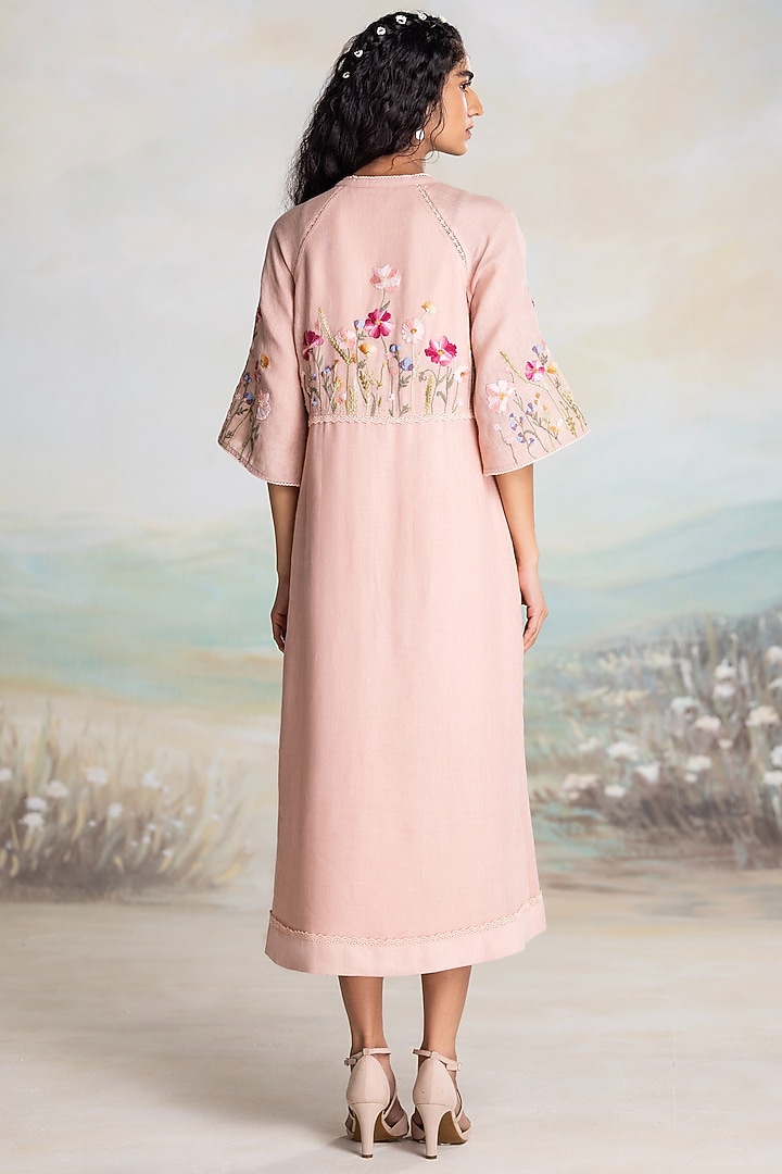 Dusty Rose Linen Thread Embroidered Vacation Dress by Kaveri at Pernia's Pop Up Shop