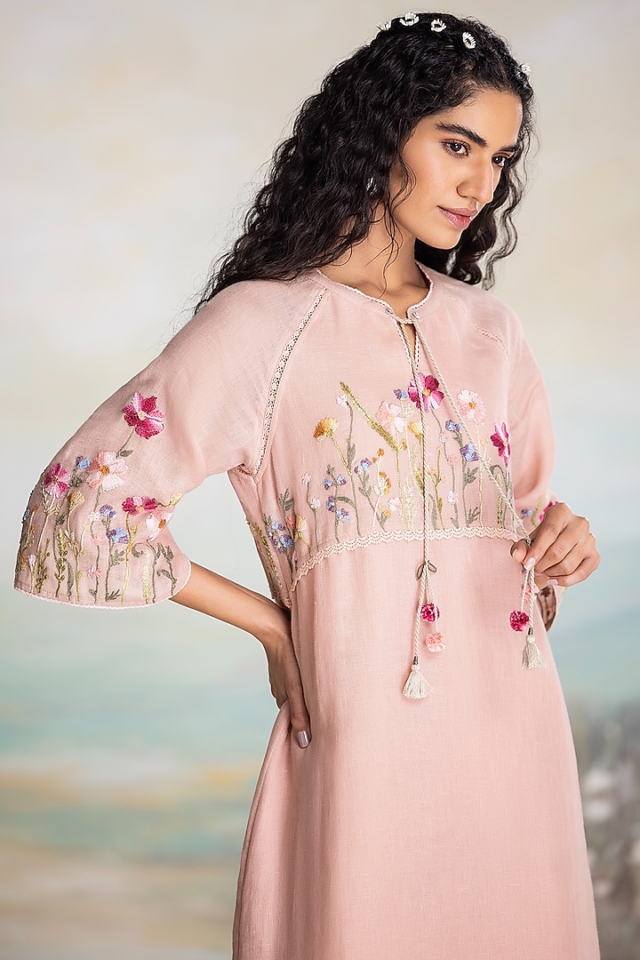 Dusty Rose Linen Thread Embroidered Vacation Dress by Kaveri at Pernia's Pop Up Shop
