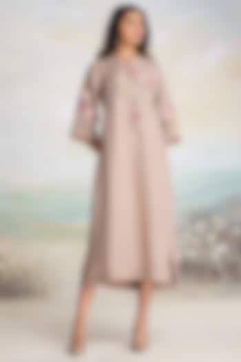 Cement Grey Linen Thread Embroidered Vacation Dress by Kaveri at Pernia's Pop Up Shop