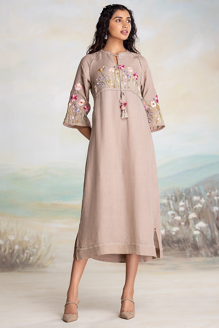 Cement Grey Linen Thread Embroidered Vacation Dress by Kaveri at Pernia's Pop Up Shop