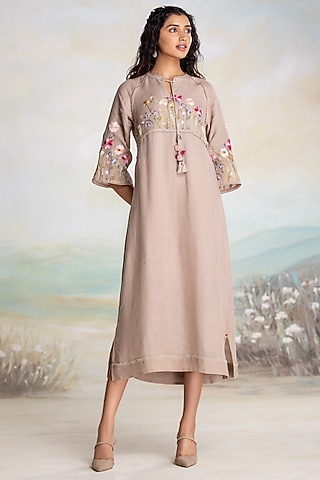 Cement Grey Linen Thread Embroidered Dress by Kaveri