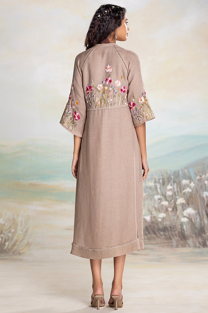 Cement Grey Linen Thread Embroidered Vacation Dress by Kaveri at Pernia's Pop Up Shop